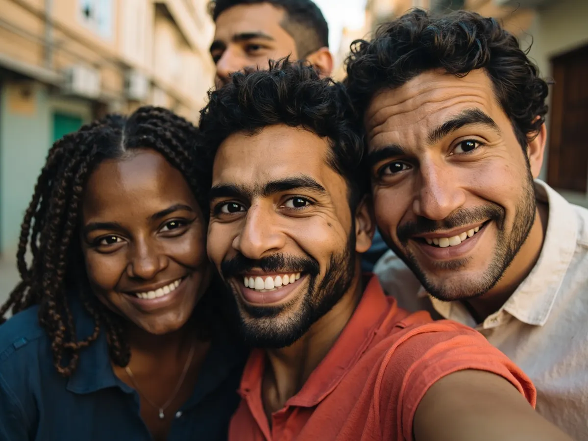 Computer-generated image: four friends laughing together in a group photo on a quest day out