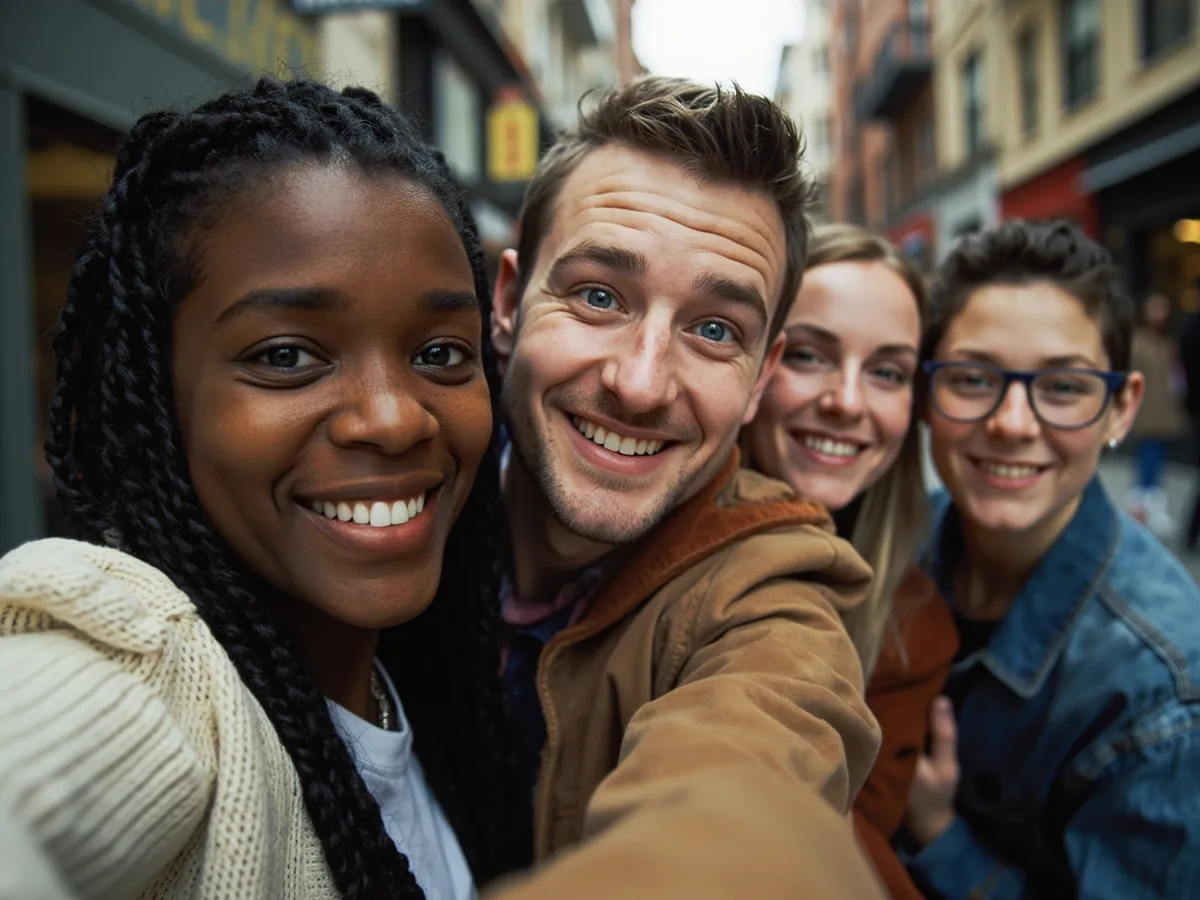 Computer-generated image: four friends laughing together in a group photo on a quest day out