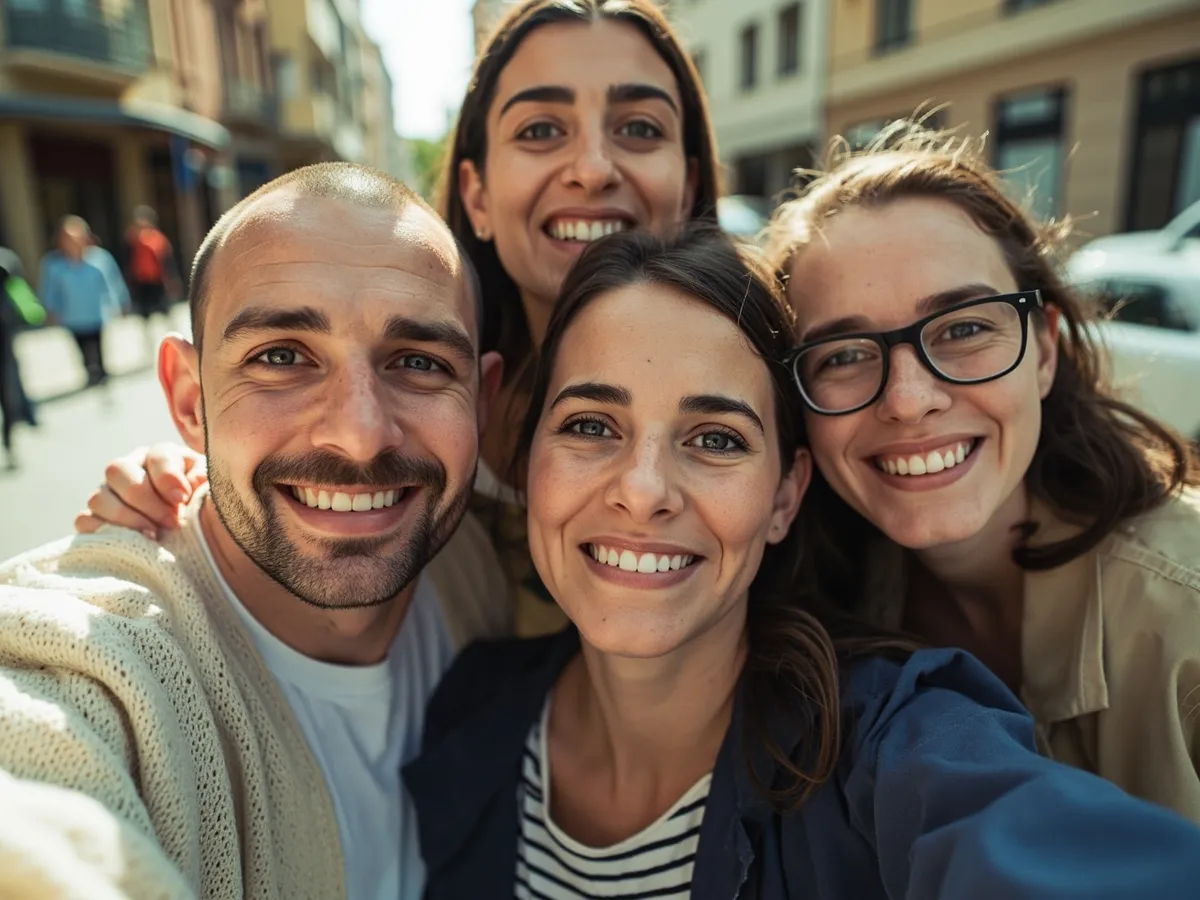 Computer-generated image: four friends laughing together in a group photo on a quest day out