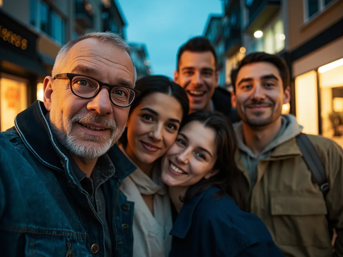 Computer-generated image: four friends laughing together in a group photo on a quest day out