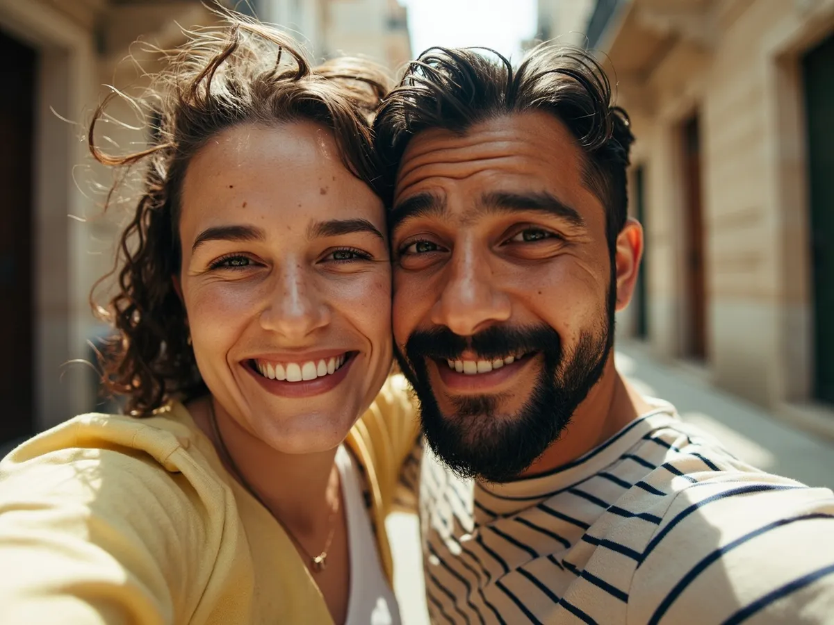 Computer-generated image: two friends laughing together in a group photo on a quest day out