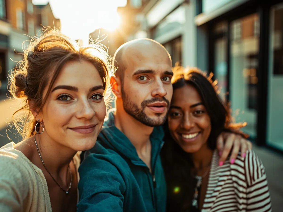 Computer-generated image: three friends laughing together in a group photo on a quest day out