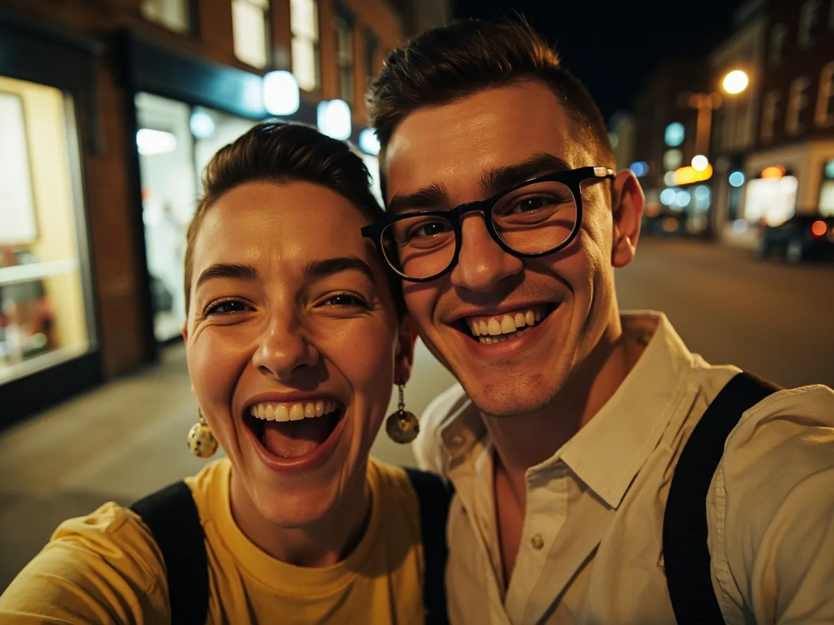 Computer-generated image: two friends laughing together in a group photo on a quest day out