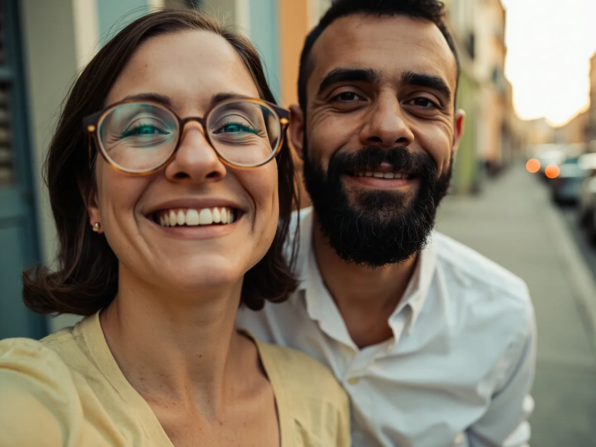 Computer-generated image: two friends laughing together in a group photo on a quest day out