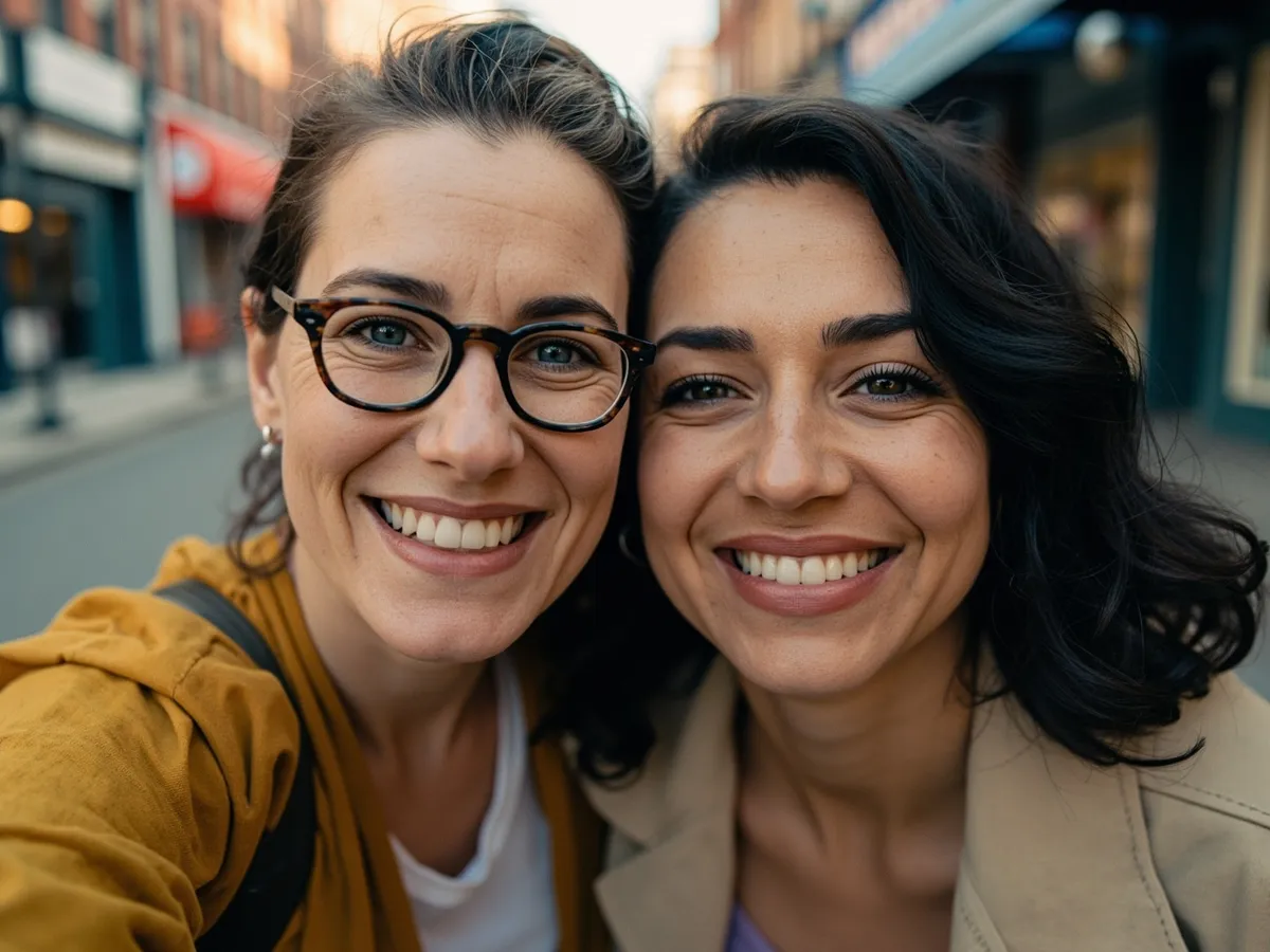 Computer-generated image: two friends laughing together in a group photo on a quest day out