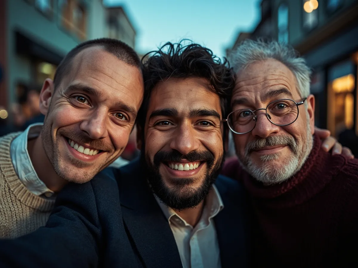 Computer-generated image: three friends laughing together in a group photo on a quest day out