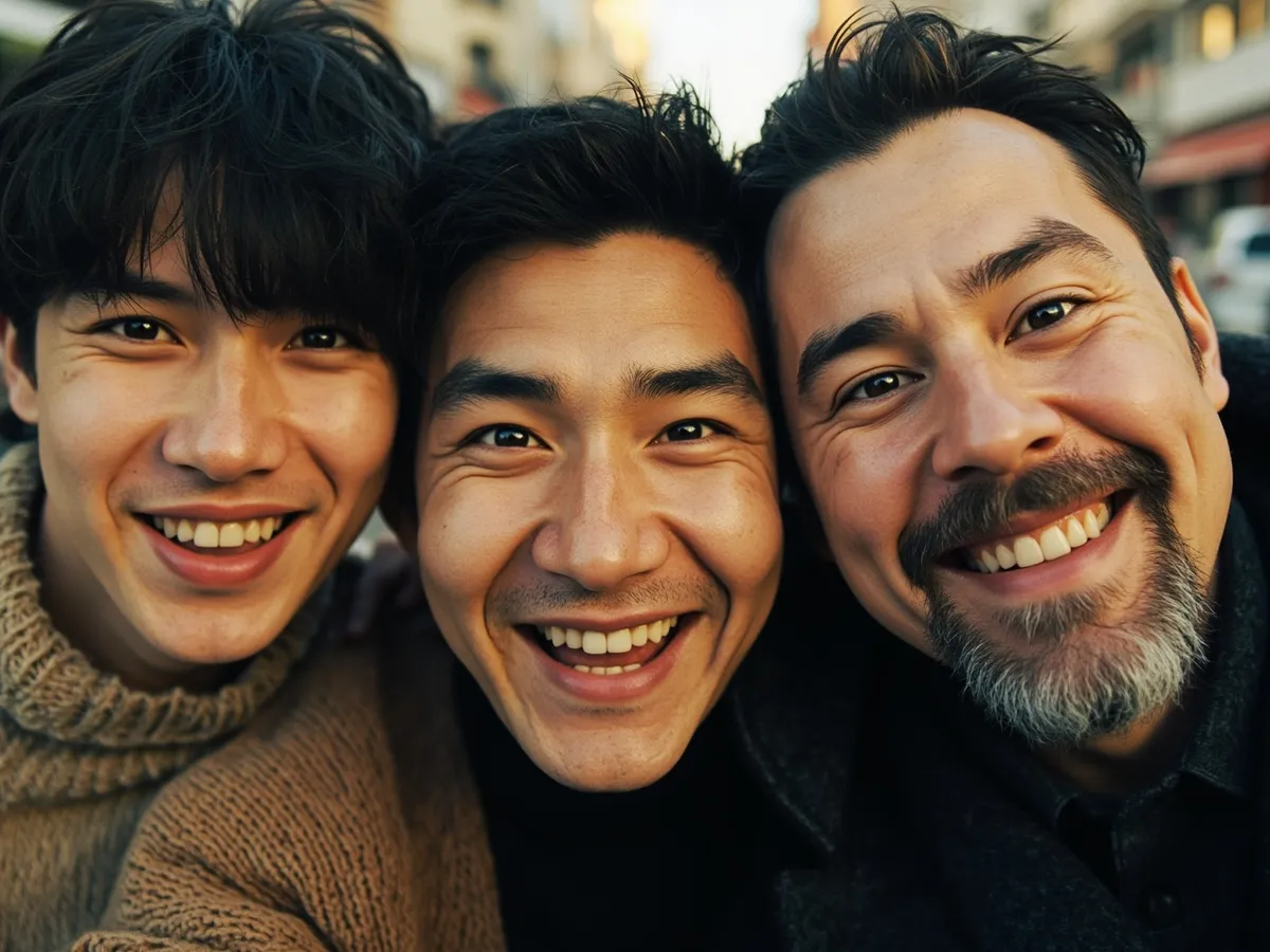 Computer-generated image: three friends laughing together in a group photo on a quest day out