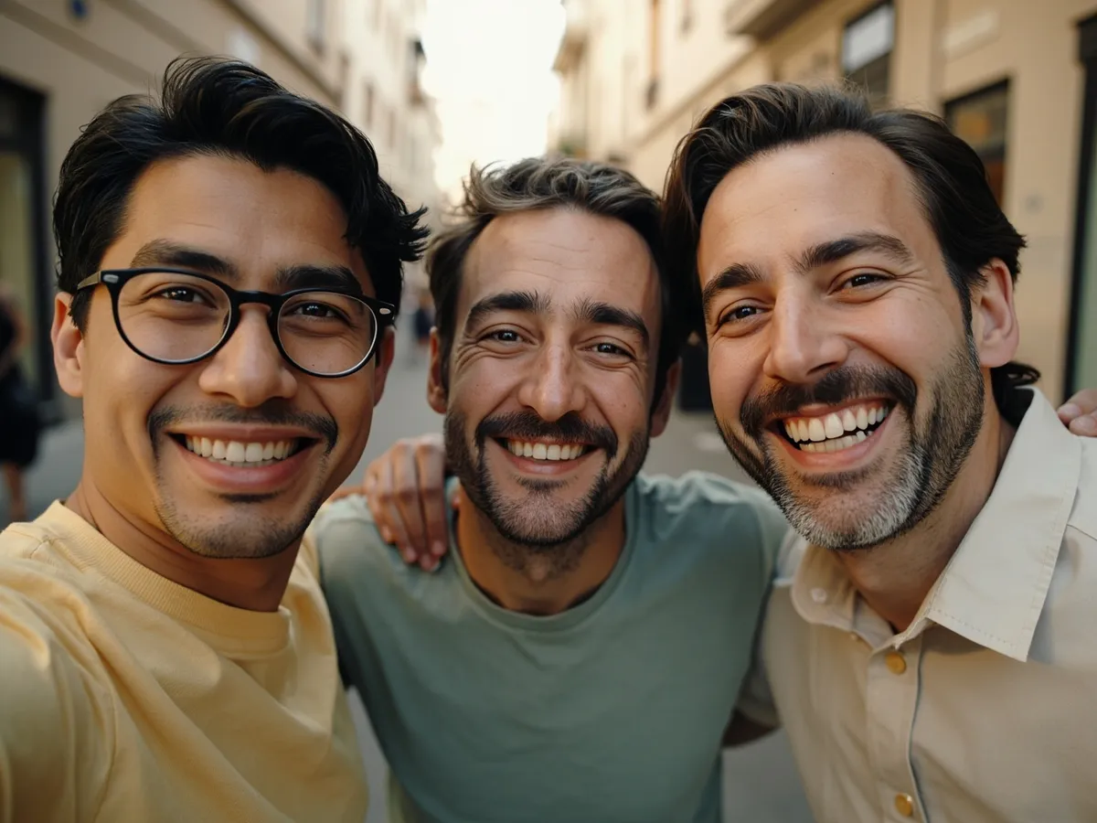 Computer-generated image: three friends laughing together in a group photo on a quest day out