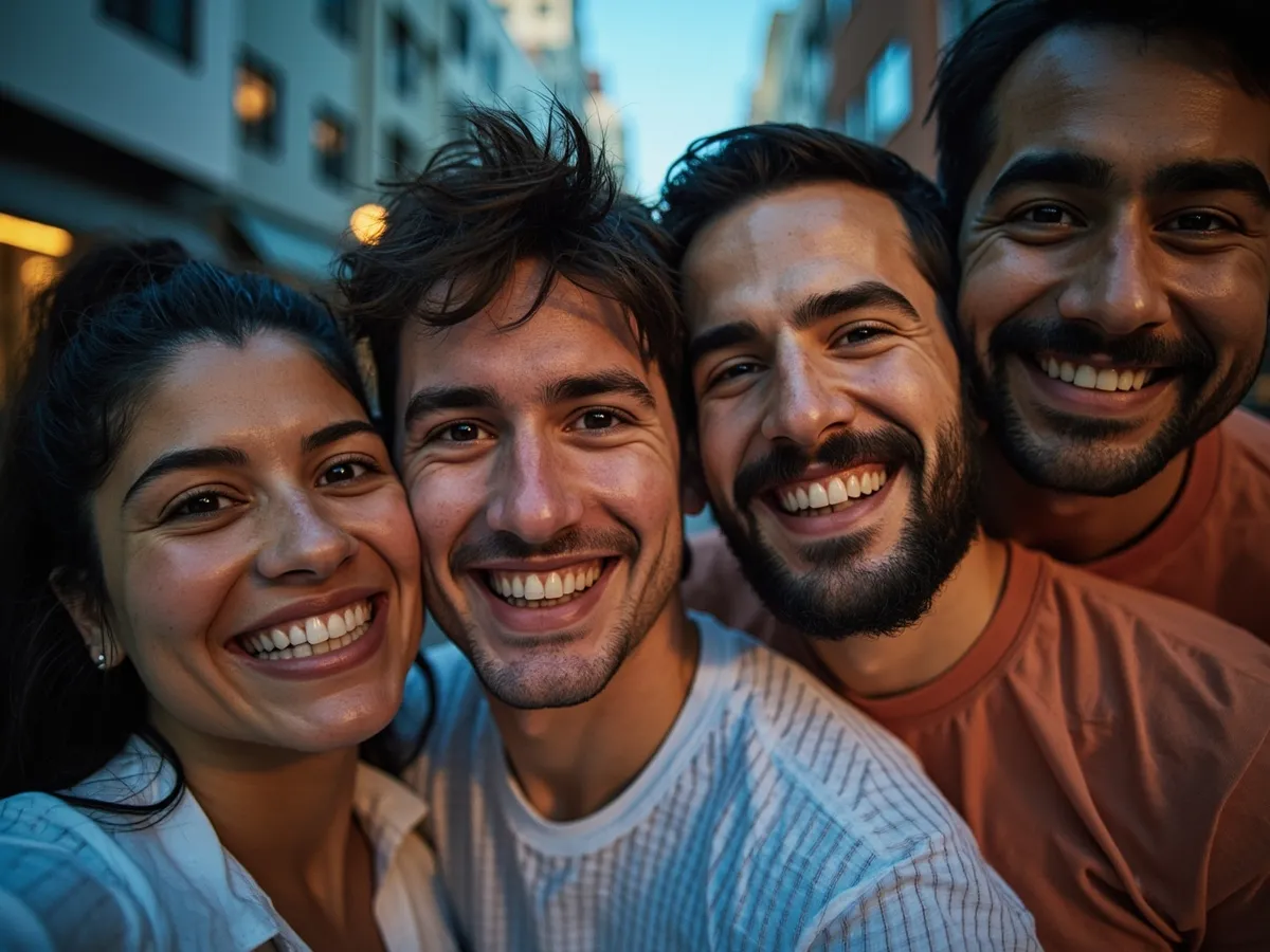 Computer-generated image: four friends laughing together in a group photo on a quest day out