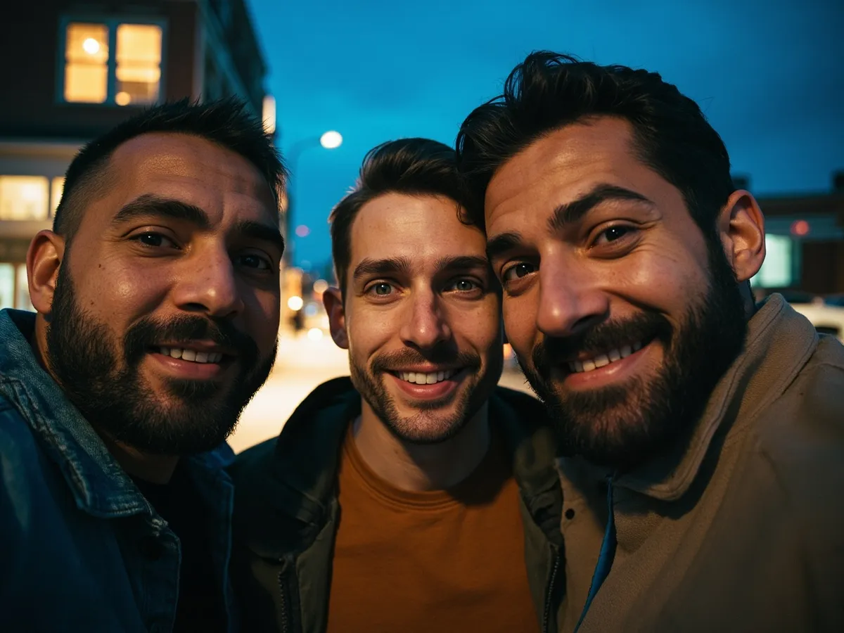 Computer-generated image: three friends laughing together in a group photo on a quest day out