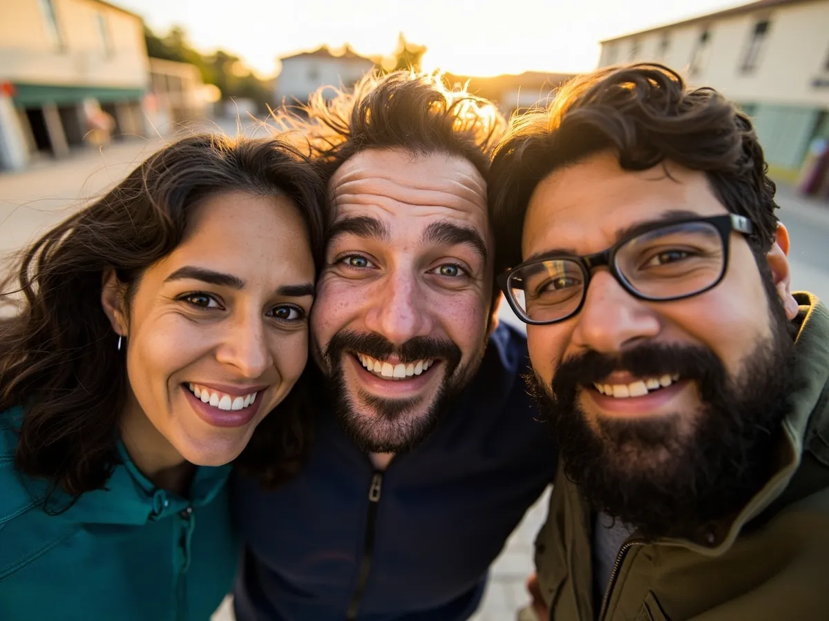Computer-generated image: three friends laughing together in a group photo on a quest day out