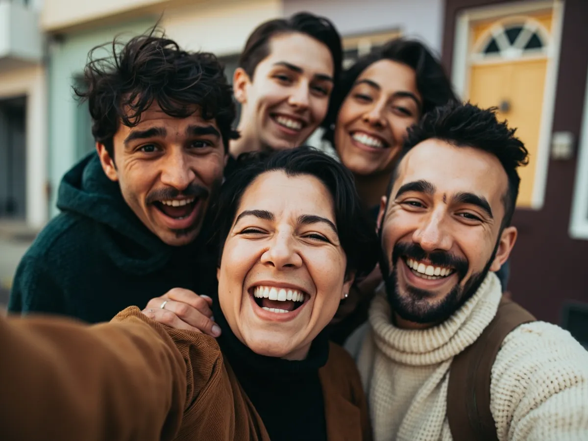 Computer-generated image: four friends laughing together in a group photo on a quest day out