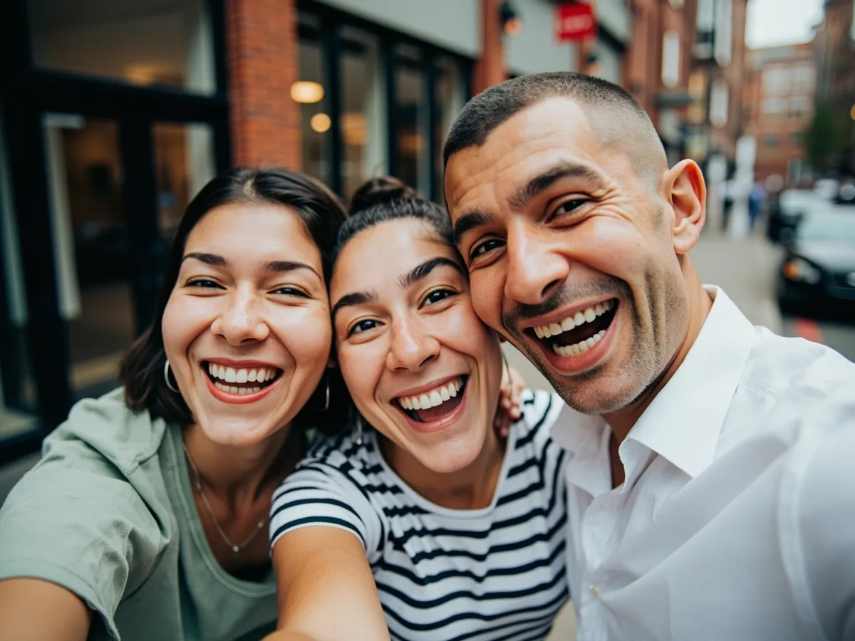Computer-generated image: three friends laughing together in a group photo on a quest day out