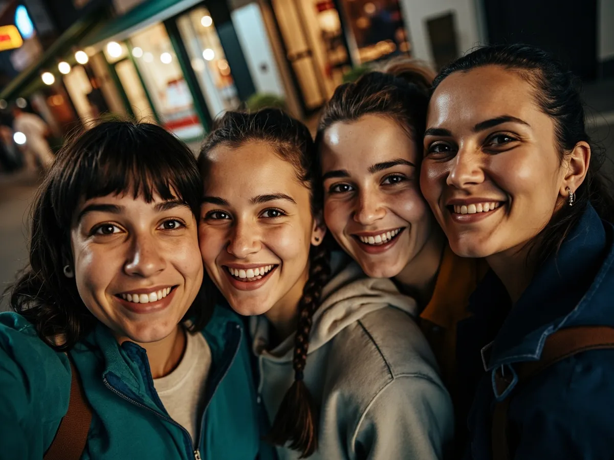 Computer-generated image: four friends laughing together in a group photo on a quest day out