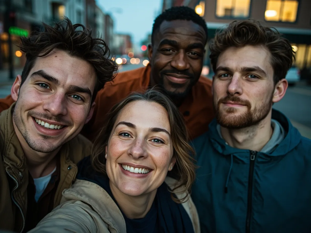 Computer-generated image: four friends laughing together in a group photo on a quest day out