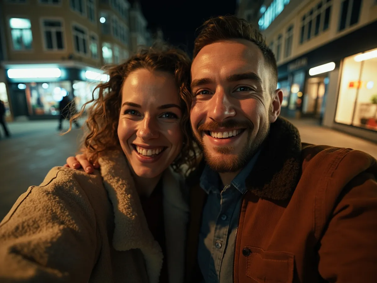 Computer-generated image: two friends laughing together in a group photo on a quest day out
