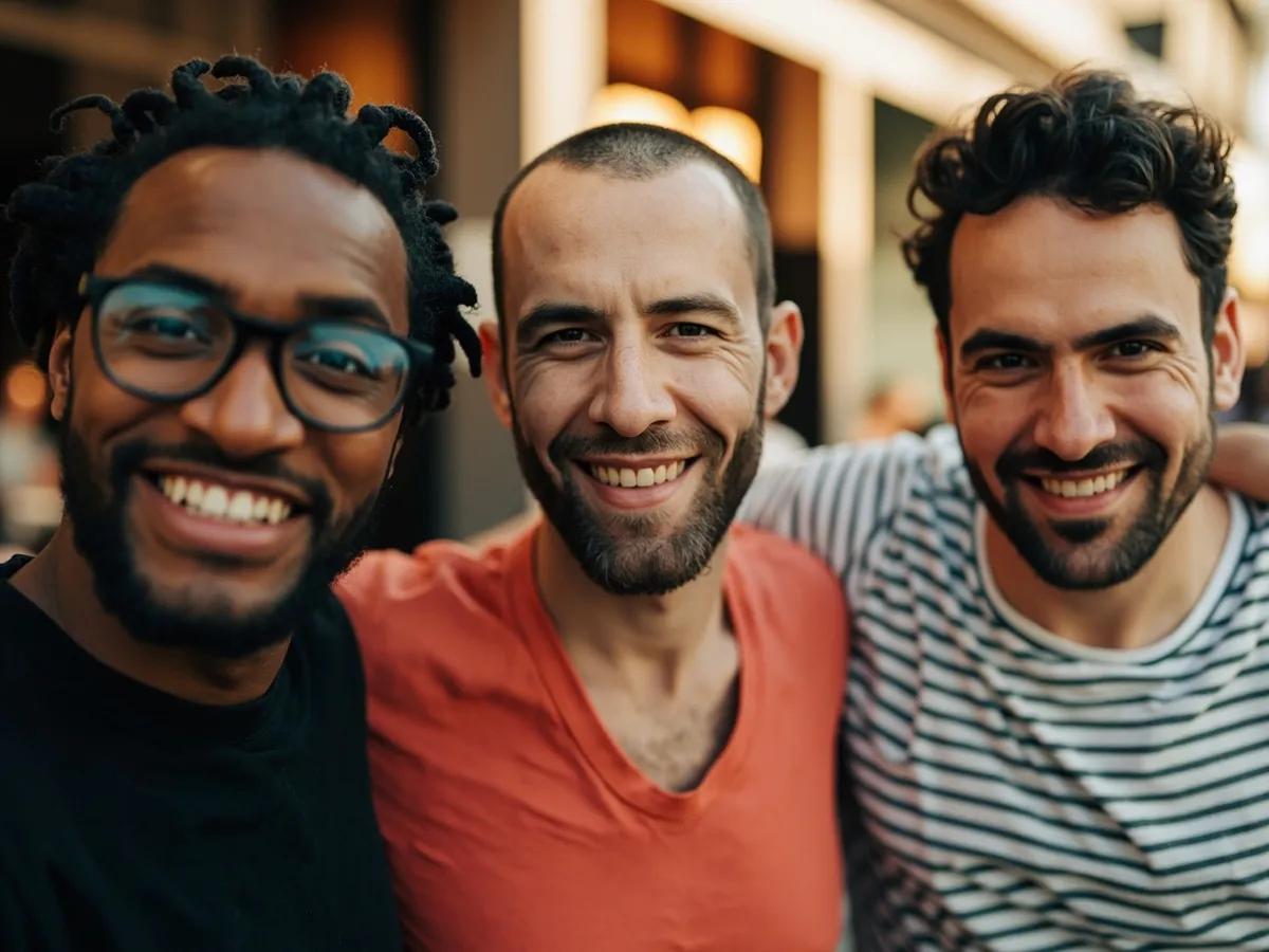 Computer-generated image: three friends laughing together in a group photo on a quest day out