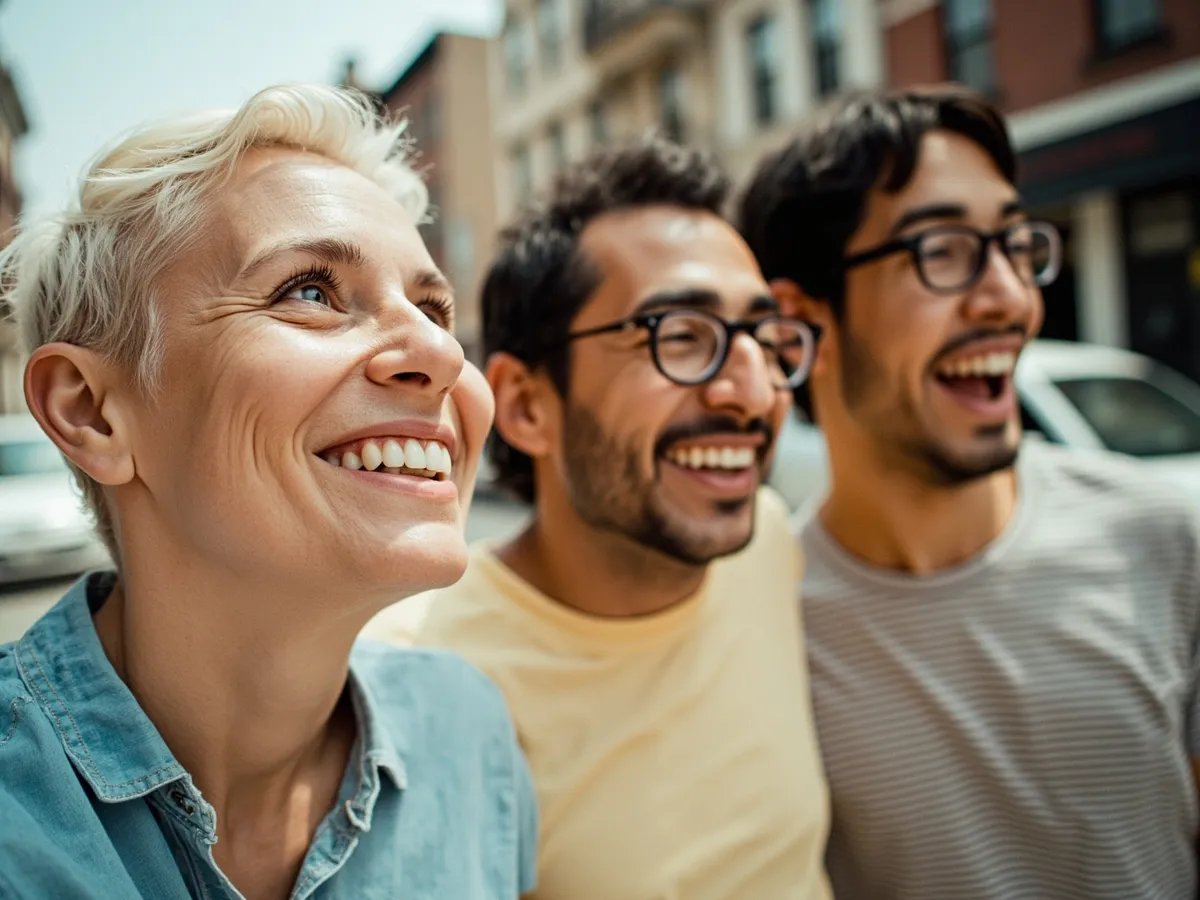 Computer-generated image: three friends laughing together in a group photo on a quest day out