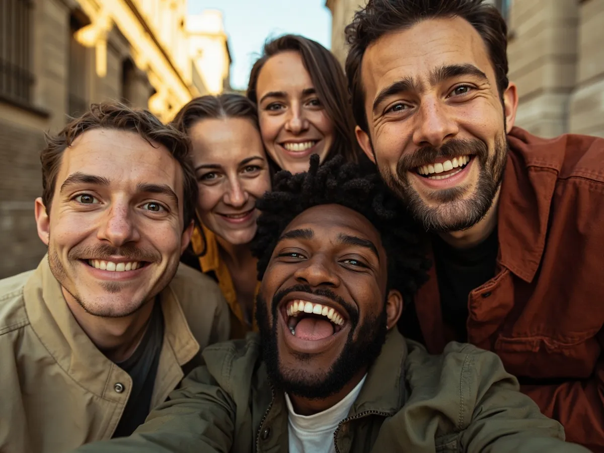 Computer-generated image: four friends laughing together in a group photo on a quest day out