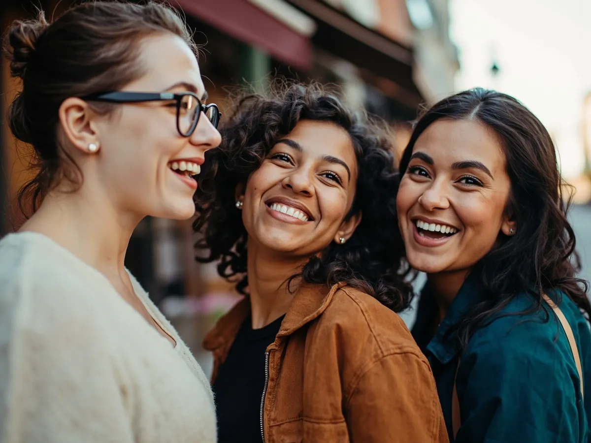 Computer-generated image: three friends laughing together in a group photo on a quest day out