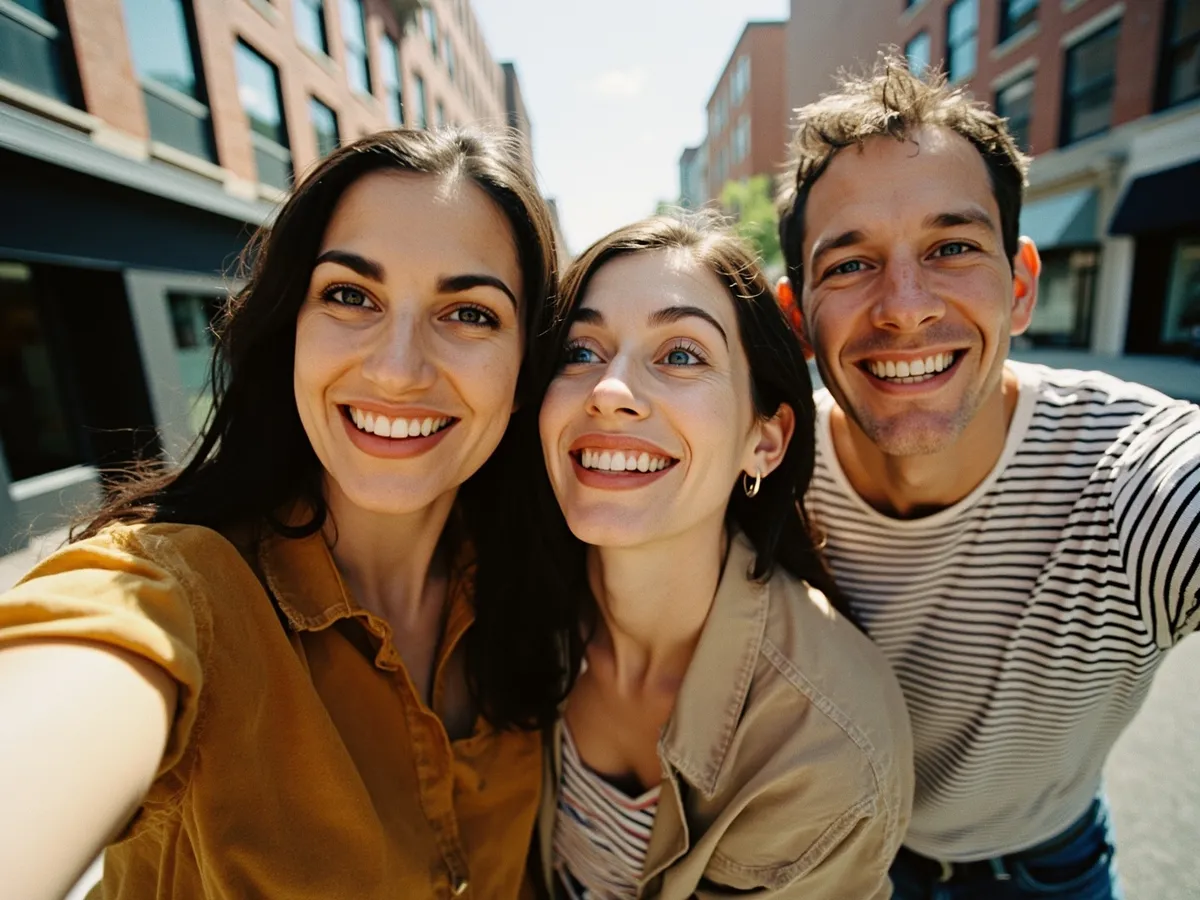 Computer-generated image: three friends laughing together in a group photo on a quest day out