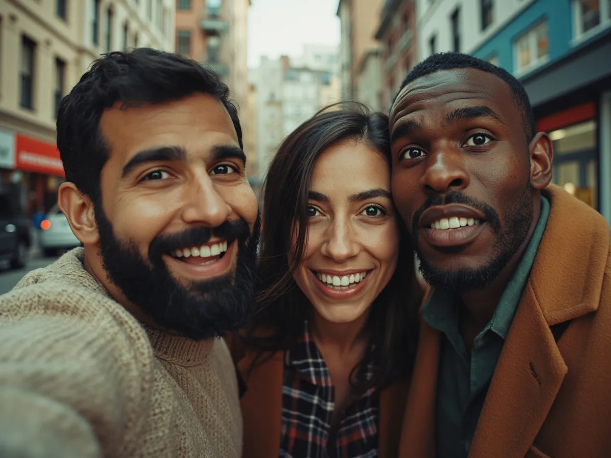 Computer-generated image: three friends laughing together in a group photo on a quest day out