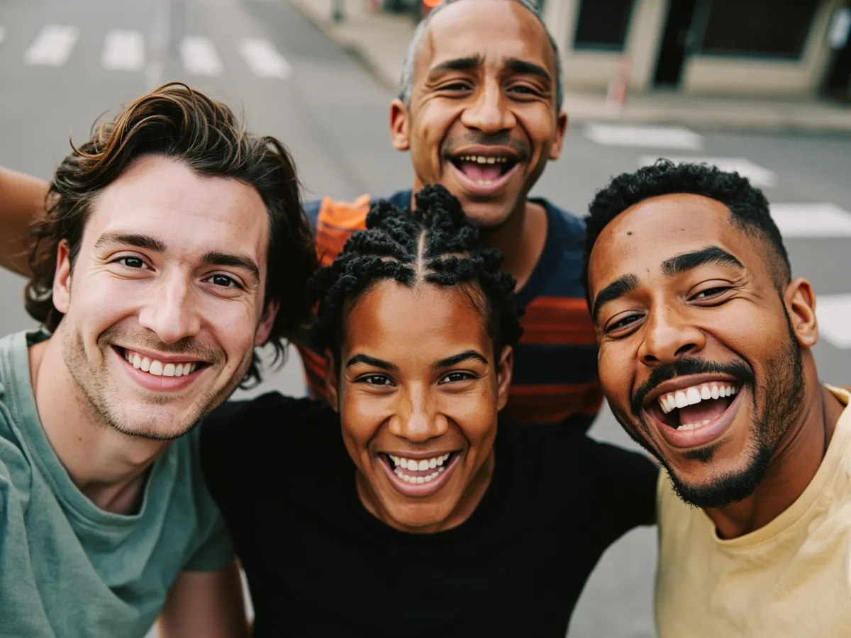 Computer-generated image: four friends laughing together in a group photo on a quest day out