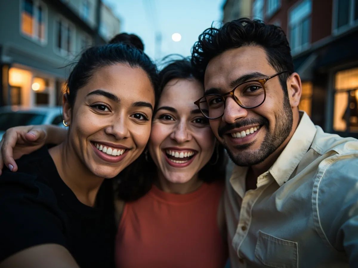 Computer-generated image: three friends laughing together in a group photo on a quest day out