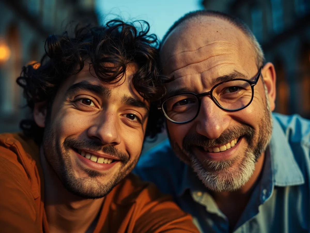 Computer-generated image: two friends laughing together in a group photo on a quest day out