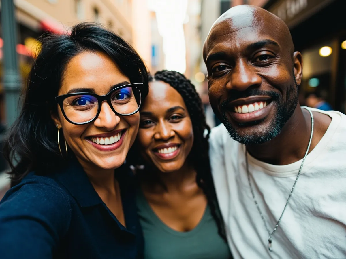Computer-generated image: three friends laughing together in a group photo on a quest day out