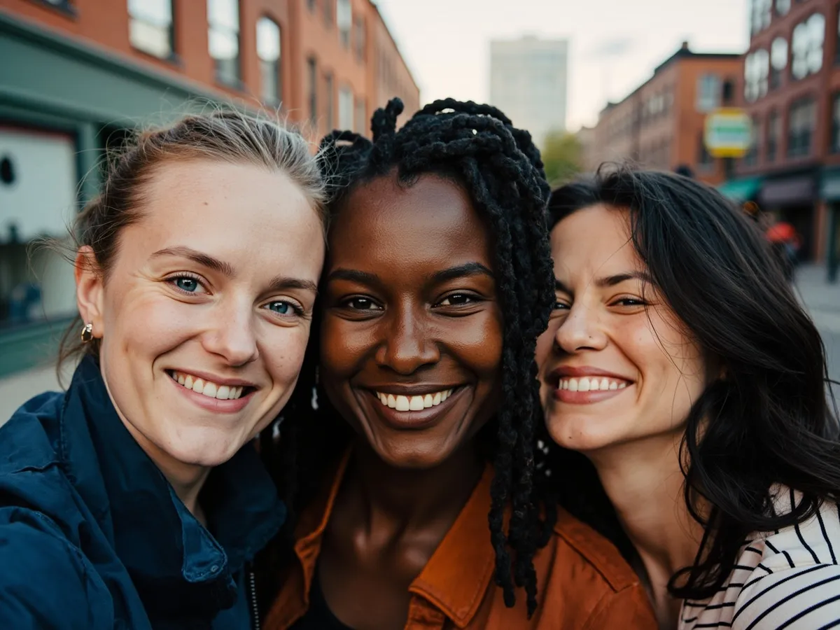 Computer-generated image: three friends laughing together in a group photo on a quest day out