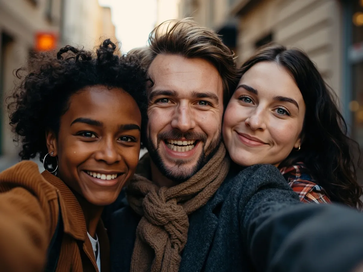 Computer-generated image: three friends laughing together in a group photo on a quest day out