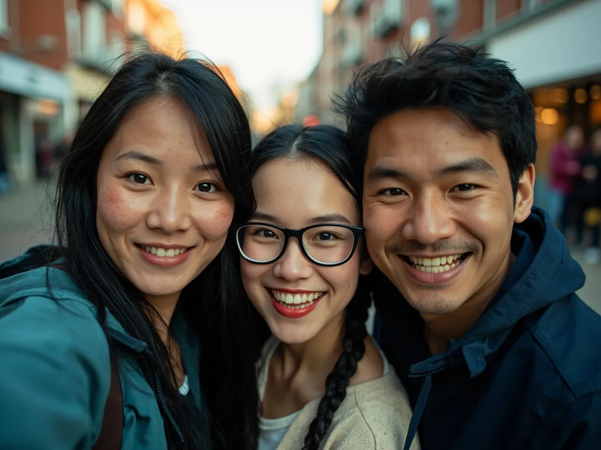 Computer-generated image: three friends laughing together in a group photo on a quest day out