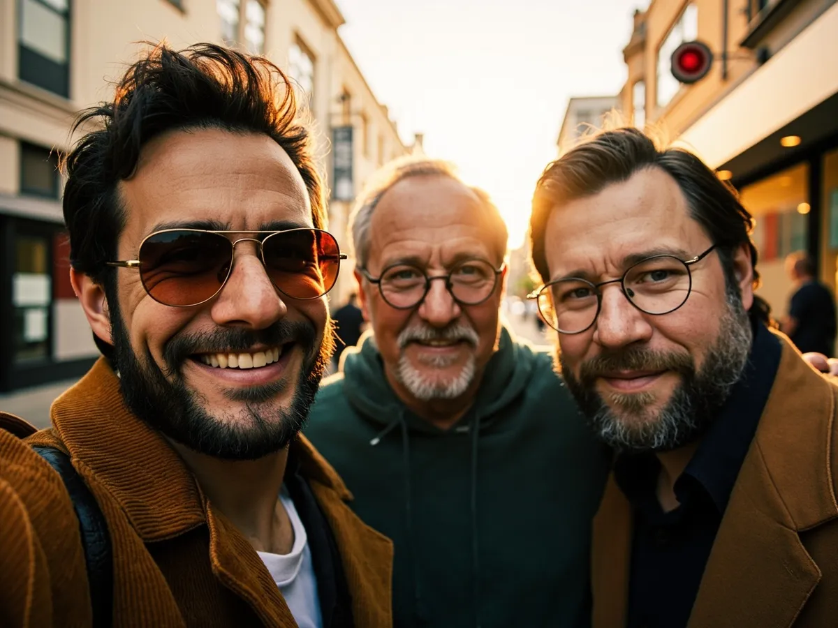 Computer-generated image: three friends laughing together in a group photo on a quest day out