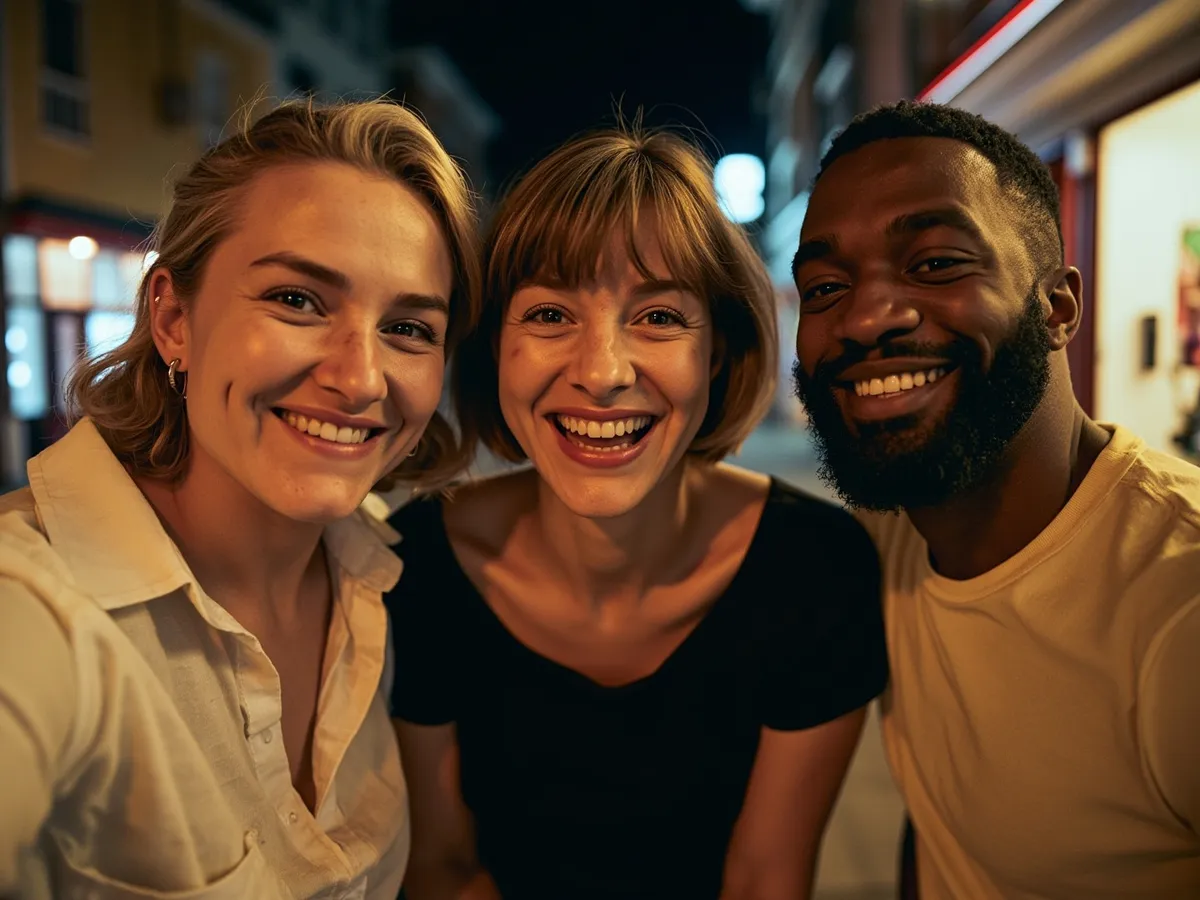 Computer-generated image: three friends laughing together in a group photo on a quest day out