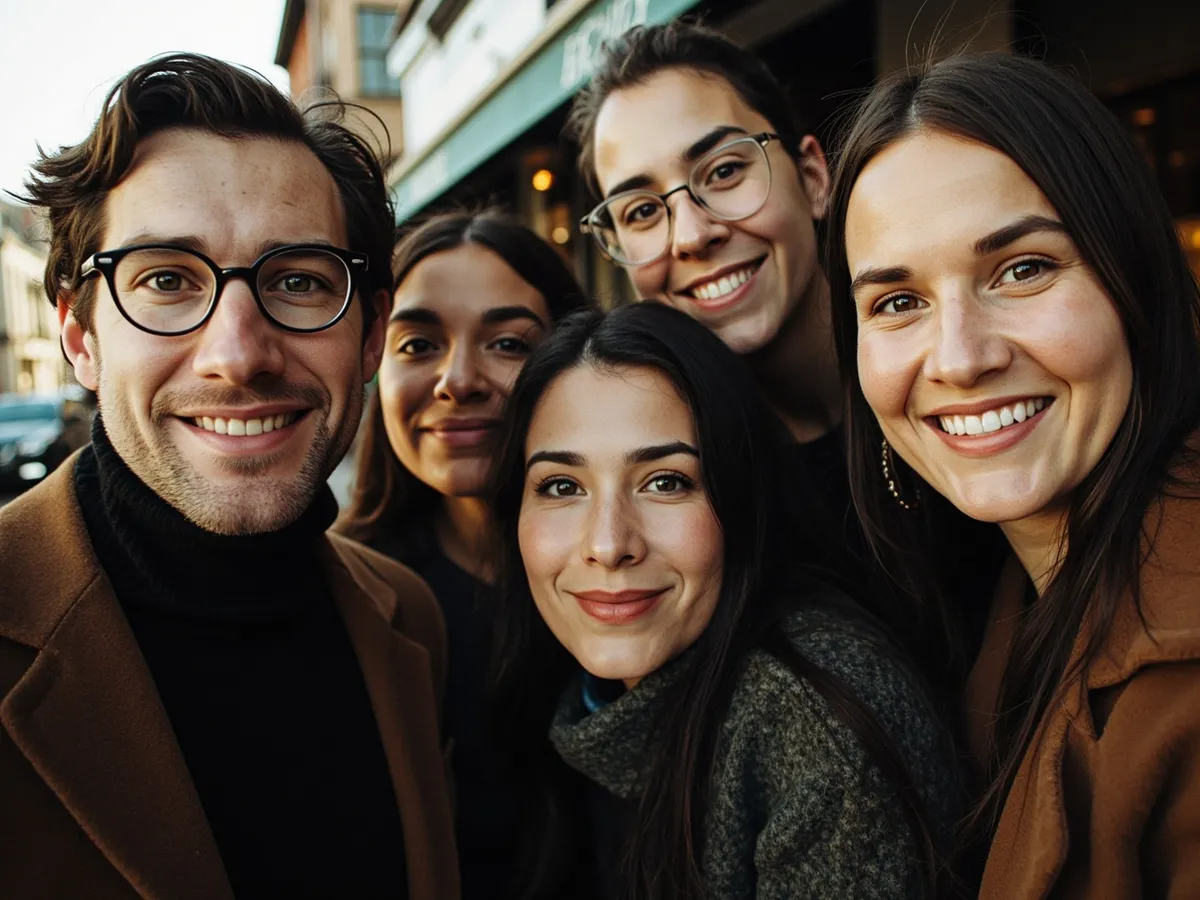 Computer-generated image: four friends laughing together in a group photo on a quest day out