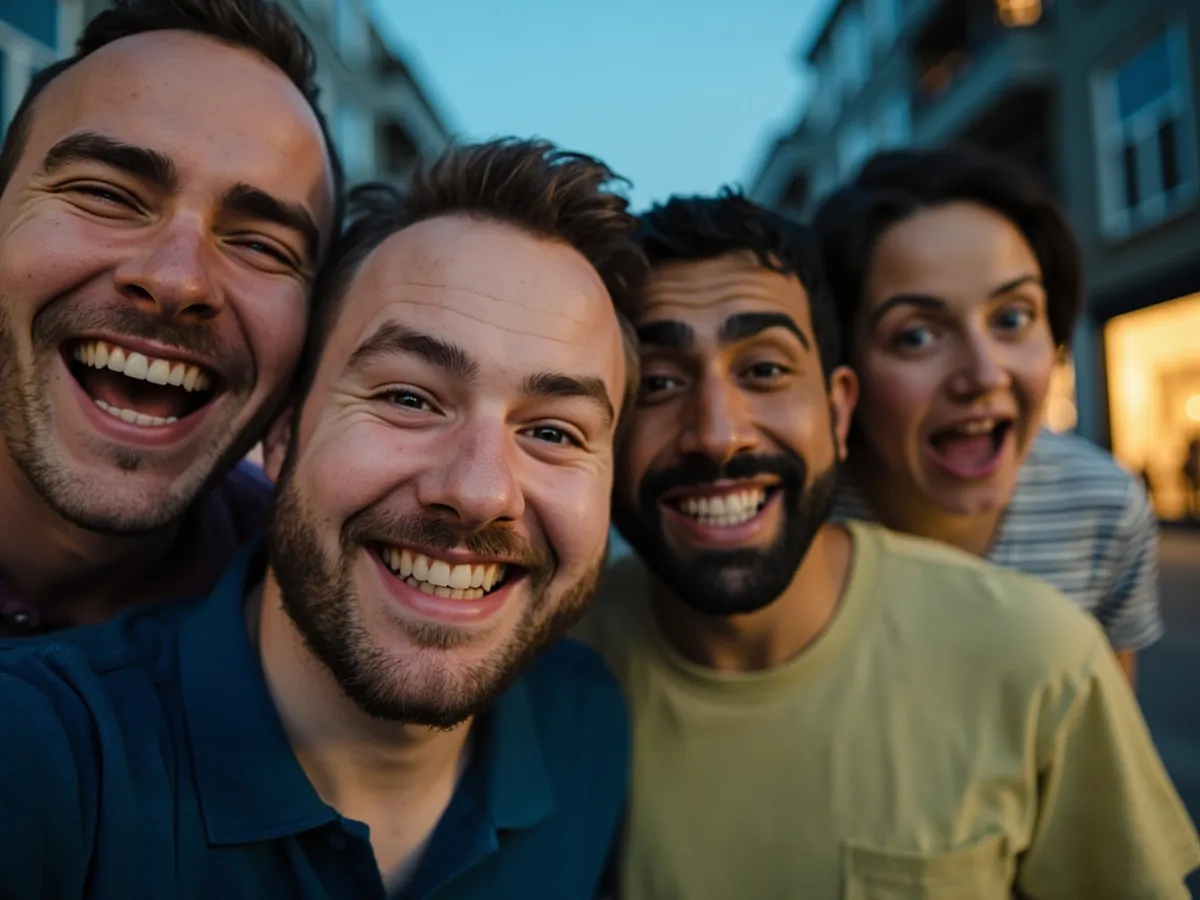 Computer-generated image: four friends laughing together in a group photo on a quest day out