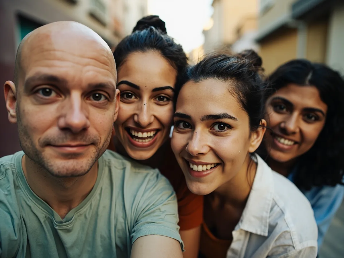 AI-generated illustration: four friends laughing together in a group photo on a quest day out