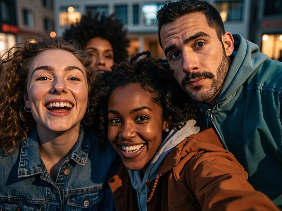 Computer-generated image: four friends laughing together in a group photo on a quest day out
