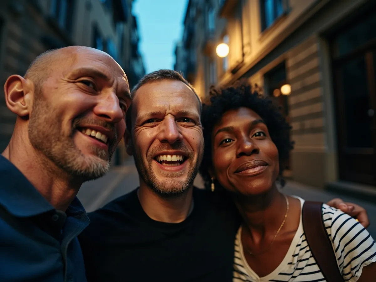 Computer-generated image: three friends laughing together in a group photo on a quest day out