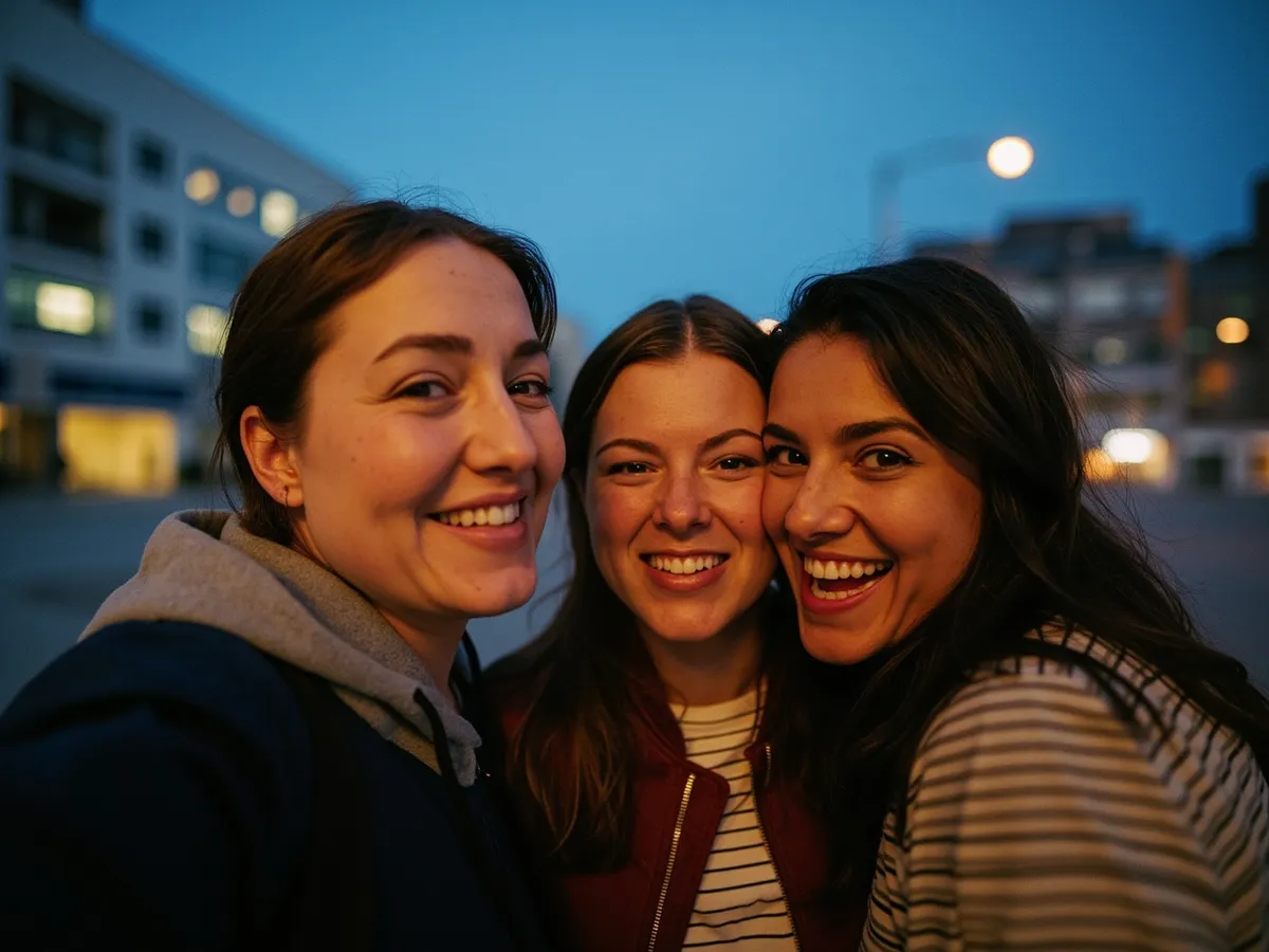 Computer-generated image: three friends laughing together in a group photo on a quest day out