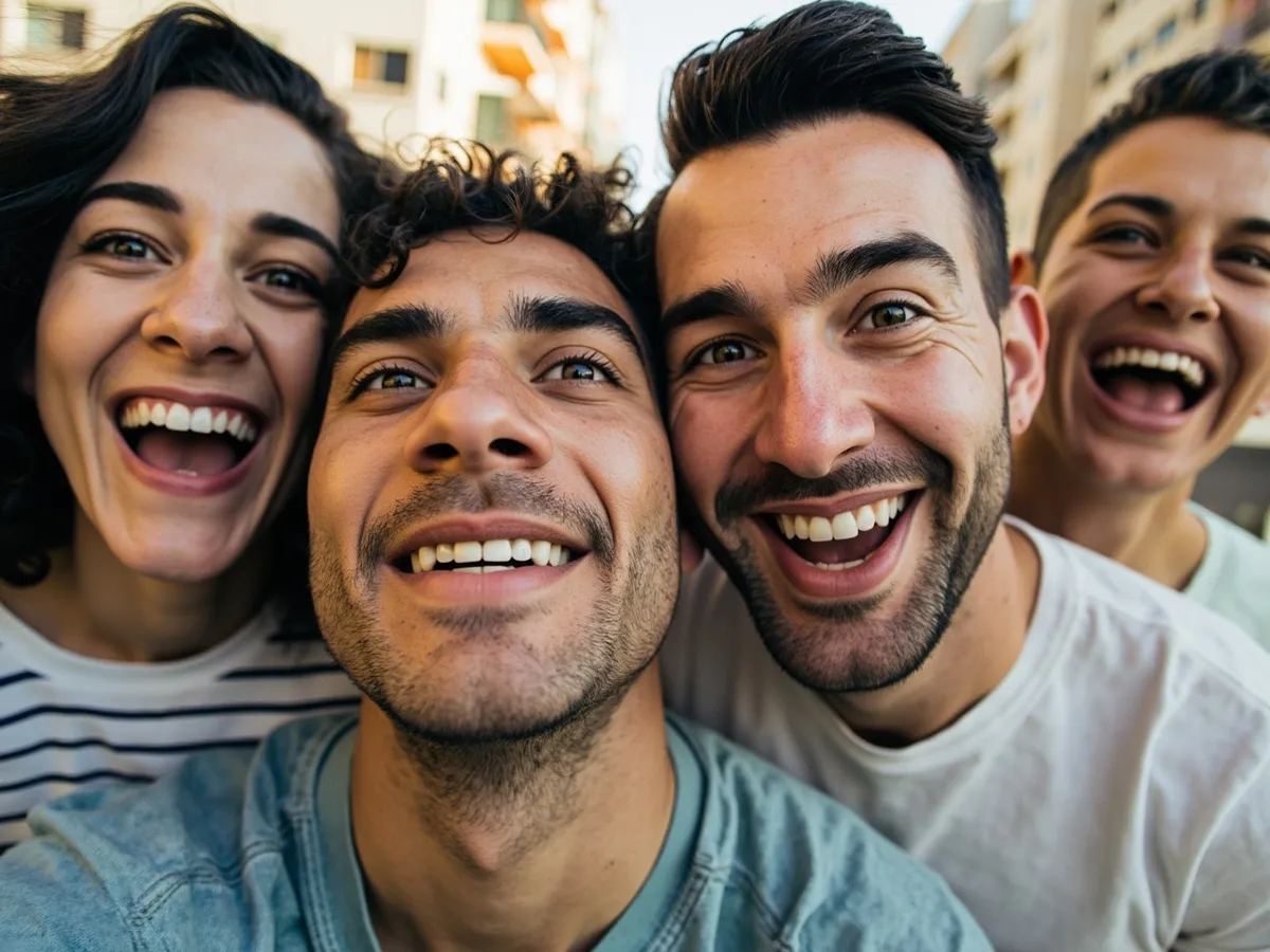 Computer-generated image: four friends laughing together in a group photo on a quest day out
