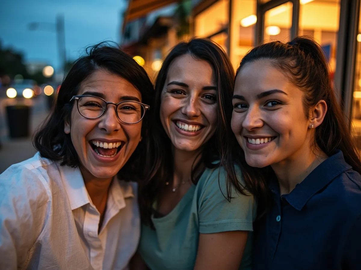 Computer-generated image: three friends laughing together in a group photo on a quest day out