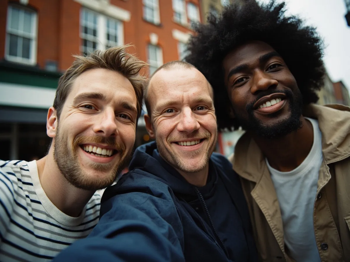 Computer-generated image: three friends laughing together in a group photo on a quest day out