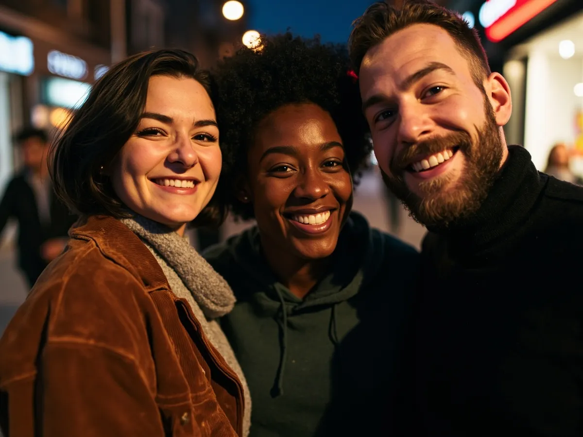 Computer-generated image: three friends laughing together in a group photo on a quest day out
