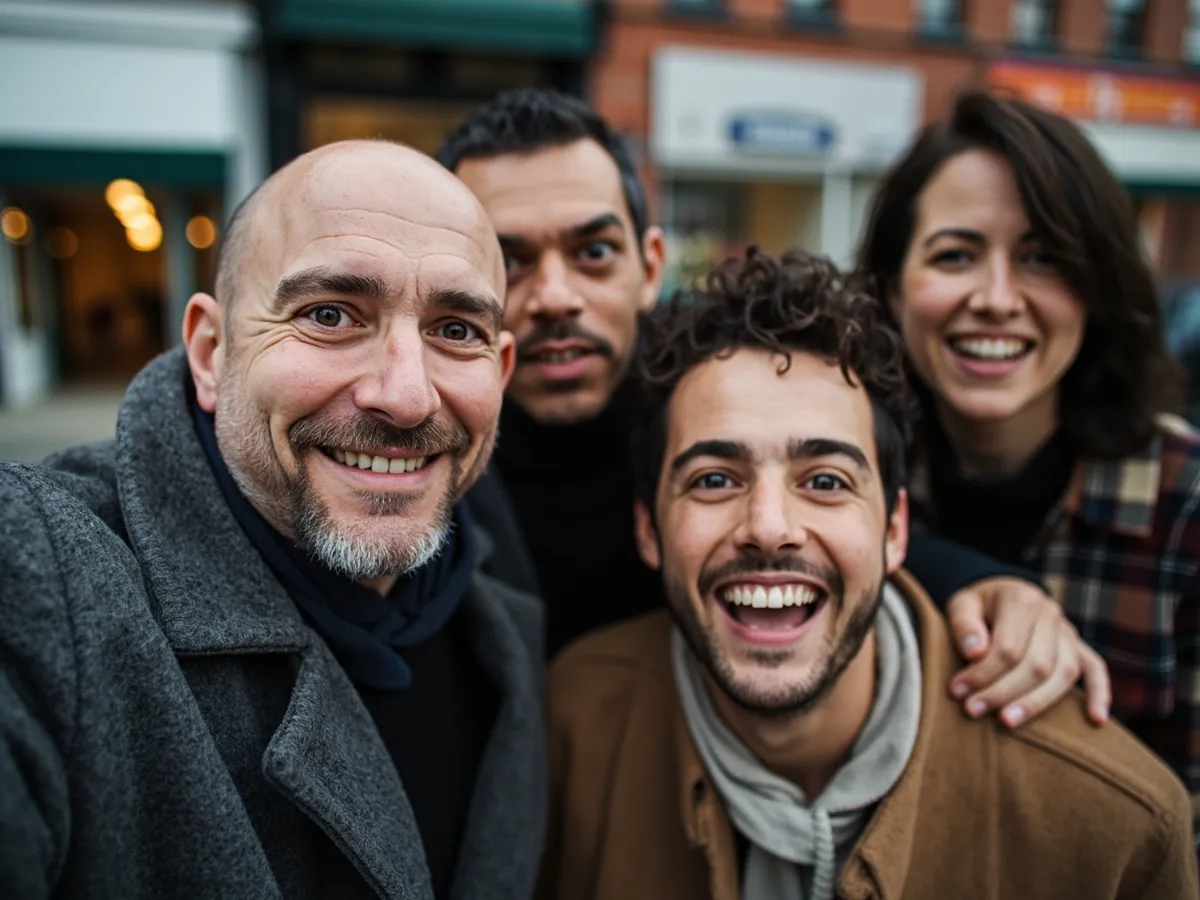 Computer-generated image: four friends laughing together in a group photo on a quest day out