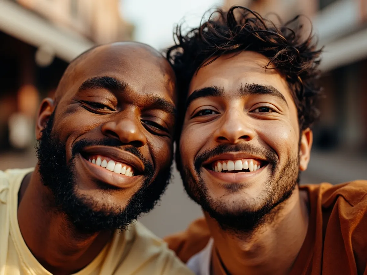 Computer-generated image: two friends laughing together in a group photo on a quest day out