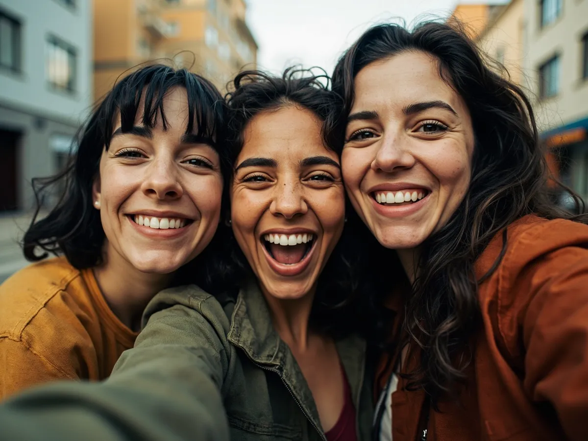 Computer-generated image: three friends laughing together in a group photo on a quest day out