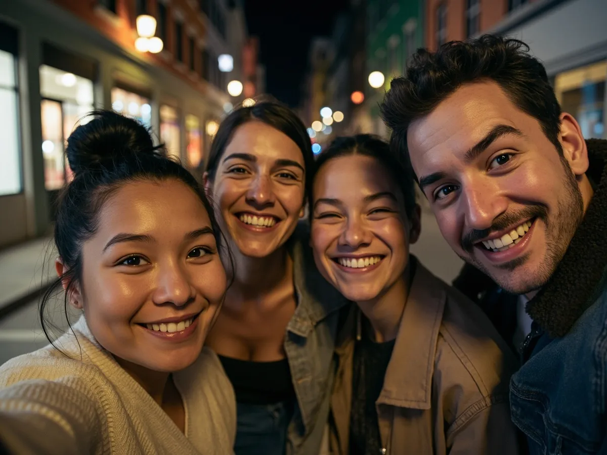 Computer-generated image: four friends laughing together in a group photo on a quest day out
