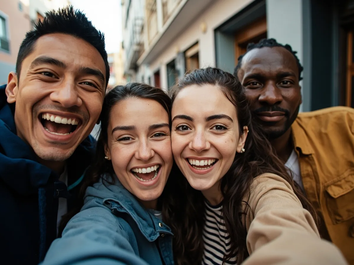 Computer-generated image: four friends laughing together in a group photo on a quest day out